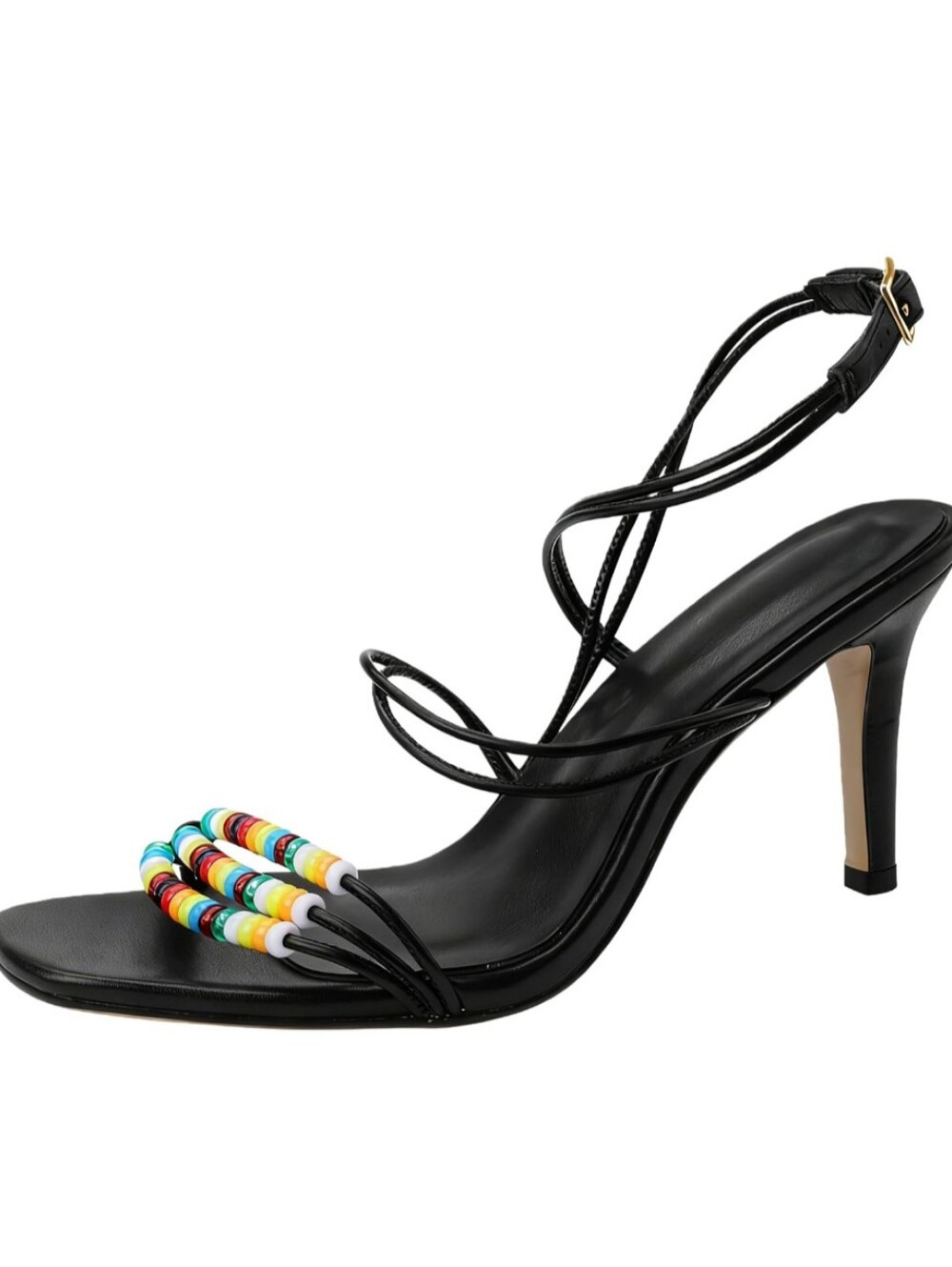 Y2K Black Beaded Strappy Stiletto Heels Multicolor Statement Sandals Size 9-9.5